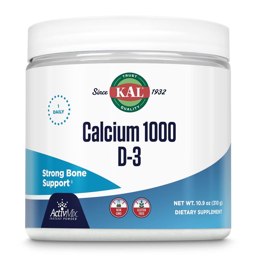KAL Calcium Vitamine D-3 ActivMix, Supplément en poudre de calcium, Biodisponible Calcium Lactate et Gluconate, Bone Health Support, Non aromatisé, Non-OGM, Sans gluten, Garantie de 60 jours, 31 portions, 10,9 oz