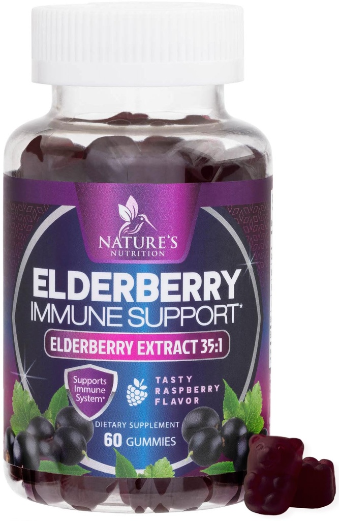 Elderberry Immune Support Gummis - Super Konzentrat 35:1 Extrakt, äquivalent zu 4200mg Elderberries - Sambucus Black Elder Berry Vitamin Supplement, Tägliche Unterstützung für Kinder & Erwachsene