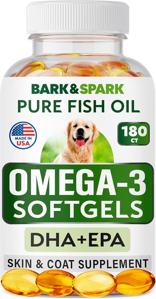 BARK&SPARK Omega 3 für Hunde - 180 Fish Oil Softgels für Hundehedding, Haut Allergy, Itch Relief, Hot Spots Behandlung - Gemeinsame Gesundheit - Haut und Mantel Supplement - EPA & DHA Fettsäuren - Lachsöl