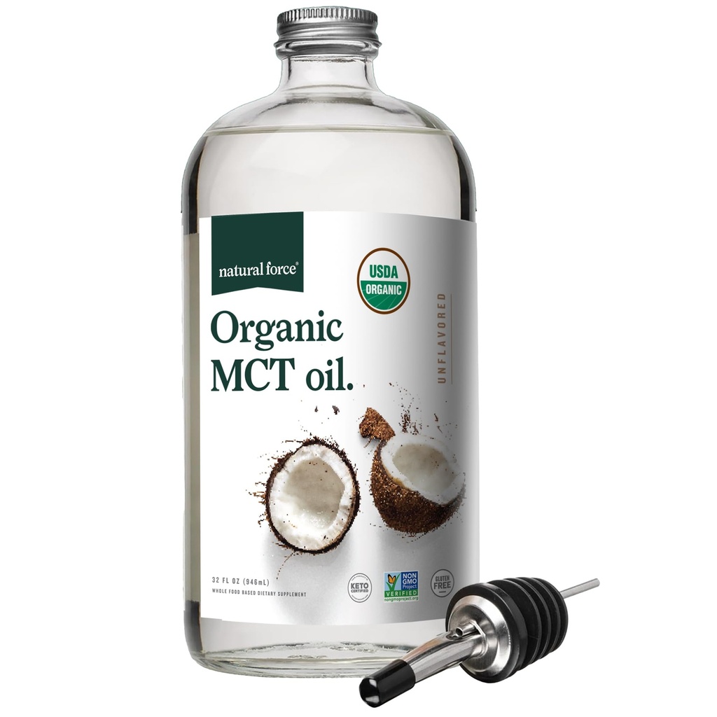 Huile MCT biologique de force naturelle – Bouteille en verre pur – Fabriqué à partir d'huile de coco vierge pressée 100% Cold + Certifié Keto, Paleo, Kosher, Vegan & Non-OGM – Laboratoire testé pour la qualité et la pureté - 32 Ounce