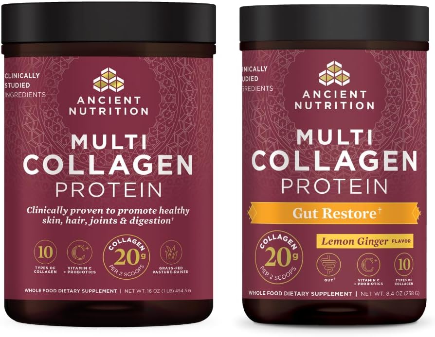 Antike Ernährung Multi Collagen Protein Pulver, Unflavored, 45 Servierungen + Multi Collagen Protein Pulver, Gut Restore, 20 Servierungen