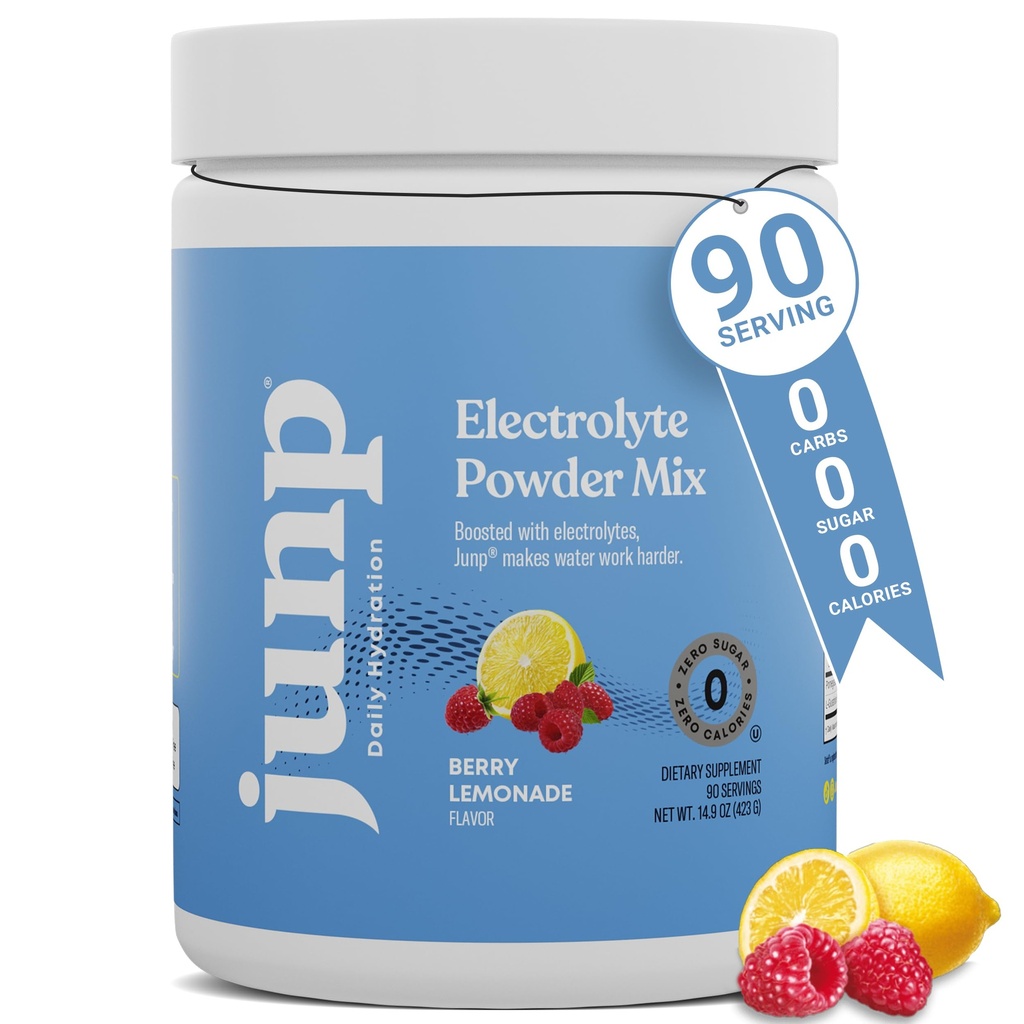 JUNP Electrolytes en poudre Pas de sucre Pas de glucides – Berry Lemonade Keto Electrolyte Mélange de boisson - Potassium et sel Poudre d'hydratation Electrolytes - Zéro Calorie Sans sucre Poudre d'électrolyte, 90 portions