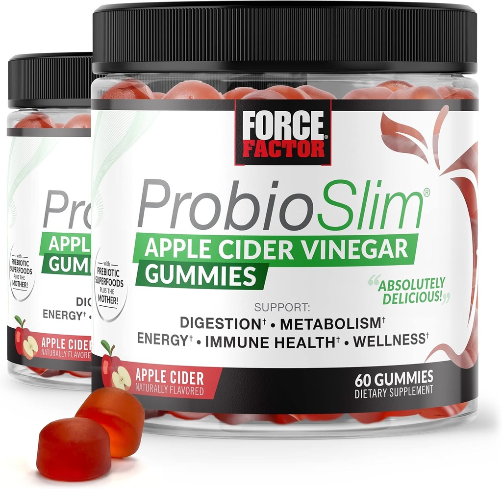 FORCE FACTOR ProbioSlim Apple Cider Essiggummis, 2-Pack, mit Bio Apple Cider Essig und LactoSpore Probiotika und Präbiotika, um Verdauung, Stoffwechsel und Immungesundheit zu unterstützen, 120 Gummies