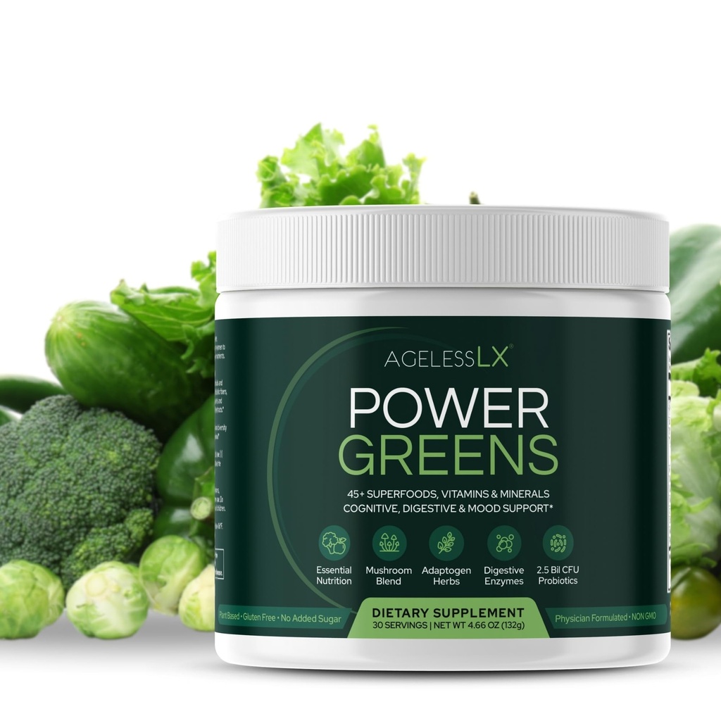 AgelessLX Power Greens, 42 superaliments avec probiotiques, enzymes et fibre prébiotique pour l'énergie améliorée, l'immunité et la santé digestive, 30 portions