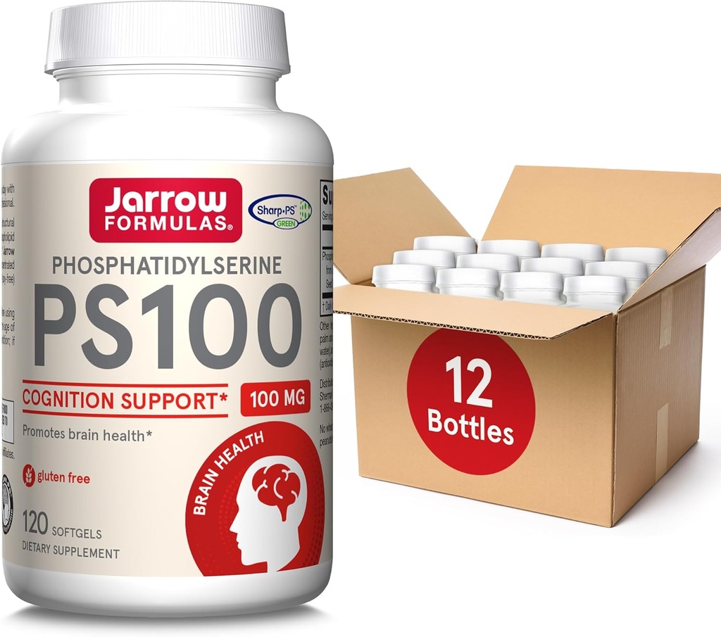 Jarrow Formulas PS100 Phosphatidylserine 100 mg, Nahrungsergänzung für Gehirngesundheit und Kognitionsunterstützung, 120 Softgels, 40-120 Tage Versorgung, Paket von 12