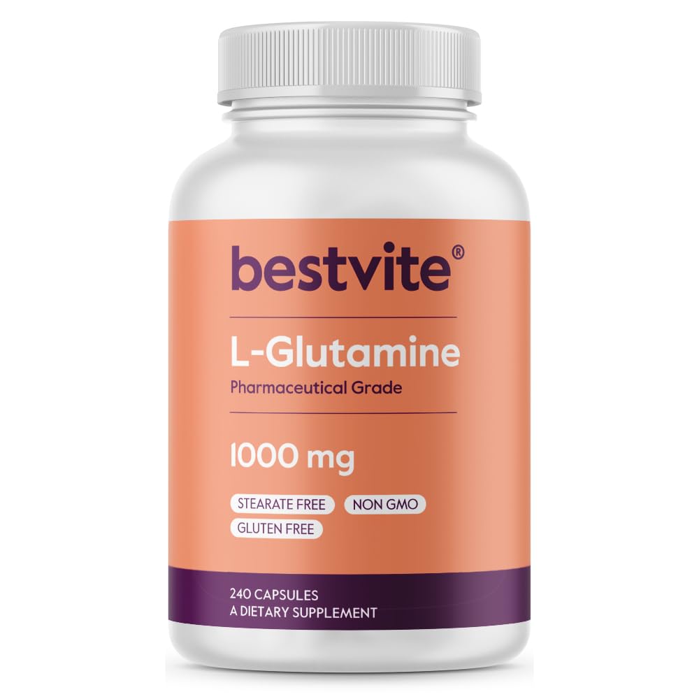 BESTVITE Filler-Free L-Glutamin 1000mg pro Kapsel (240 Kapseln) - Free Form - No Stearates - Glutenfrei - Non GMO - Pure L Glutamine Supplement - Maximum Strength Glutamine Kapseln