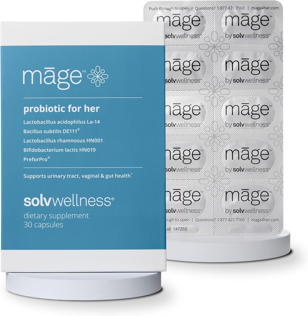 Solv Wellness Māge Probiotic pour elle, les femmes quotidiennes, prébiotiques et probiotiques mélangent des suppléments nutritionnels pour l'équilibre PH digestif, vaginal, soutien de santé urinaire, 30 capsules