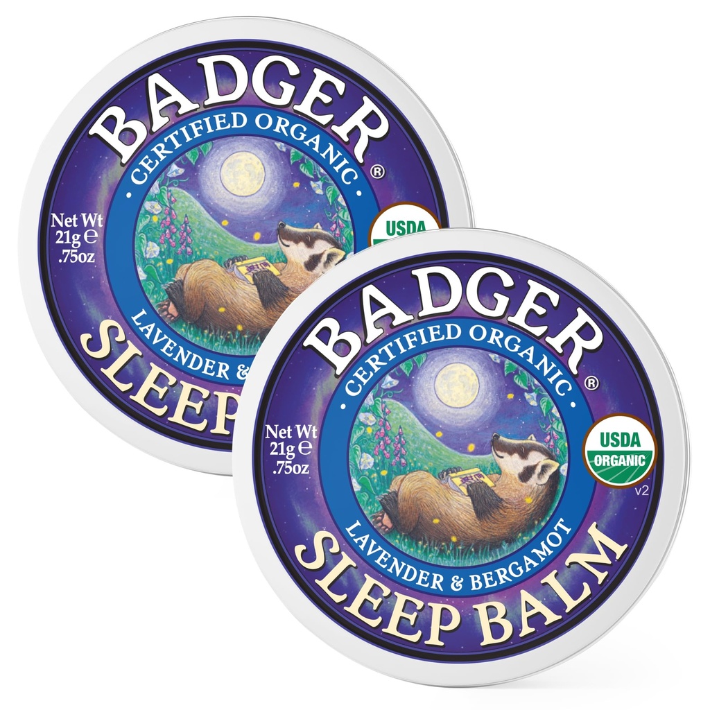 Badger Sleep Balm, Organic Essential Oil Aromatherapy Natural Sleep Balm für Erwachsene & Kinder, Relaxing & Calming Lavender & Bergamot Natural Sleep Support, .75 oz Tin, 2-Pack