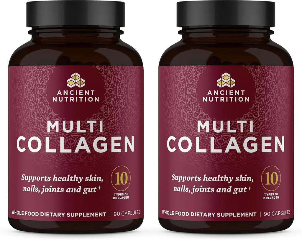 Ancient Nutrition Collagen Peptides Capsules Supplément, pilules de collagène hydrolysées pour les femmes et les hommes, soutient la peau et les ongles sains, la santé de Gut et le soutien articulaire, aggloméré à 90 comprimés (2 pack)