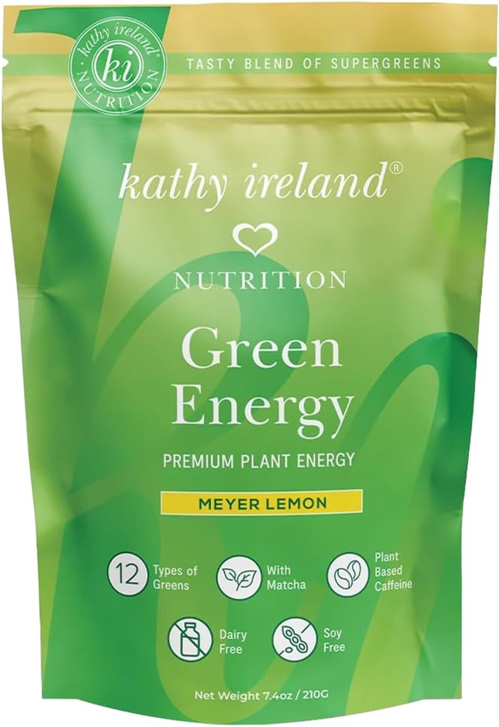Kathy Ireland Super Greens Energy Powder, Clean Energy Drink Mix mit Matcha & Grüner Tee, Immun- & Verdauungshilfe-Ergänzung, Ohne Zusatz von Zucker, Meyer Lemon Flavor, 7.4 Unze