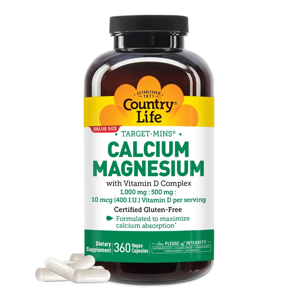 Country Life Target-Mins Calcium Magnesium mit Vitamin D-Komplex, 1000mg/500mg/10mcg, 360 Vegan Kapseln, Certified Gluten Free, Certified Vegan, Verified Non-GMO Verified...