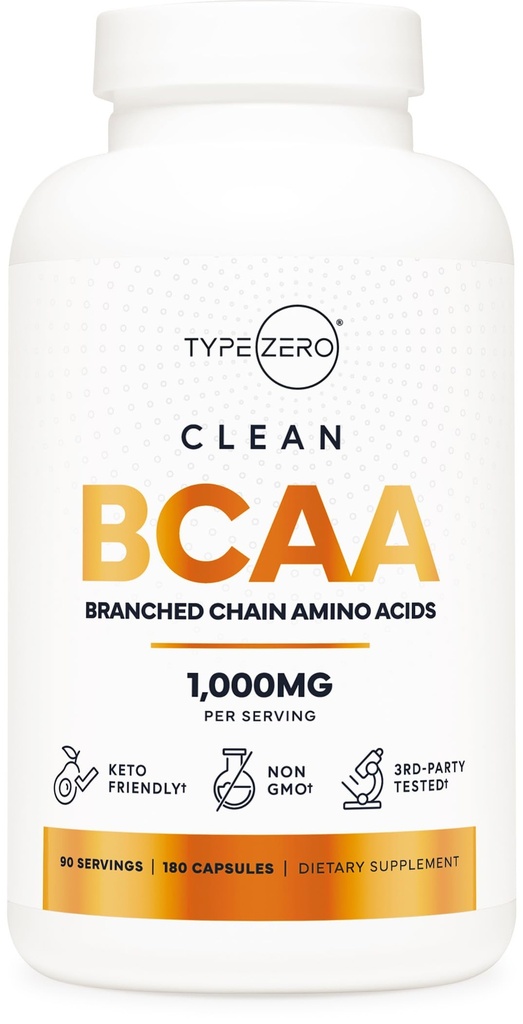 Typ Zero BCAA 1000mg verzweigtkettige Aminosäuren (180 Kapseln, 90 Portionen) mit 500mg L-Leucin, 1000mg L-Isoleucin und L-Valine