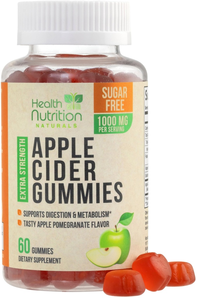 Gommies de vinaigre de cidre de pomme 1000mg - maximum de force sans sucre Vitamines sans vinaigre de cidre de pomme, soutient le métabolisme et l'énergie, Keto Friendly, vitamine B12, sans gélatine, sans gluten, végétalien et non-OGM - 60 Gommies