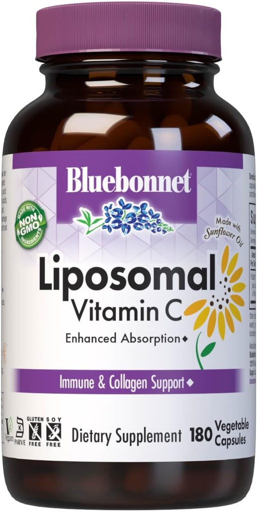 BlueBonnet Nutrition Liposomal Vitamin C 1000 mg, Hergestellt mit Sonnenblumenöl, Immun & Joint Comfort*, Vegan, Kosher, Non-GMO, Glutenfrei, Sojafrei Milchfrei, 180 Gemüsekapseln, 90 Servietten