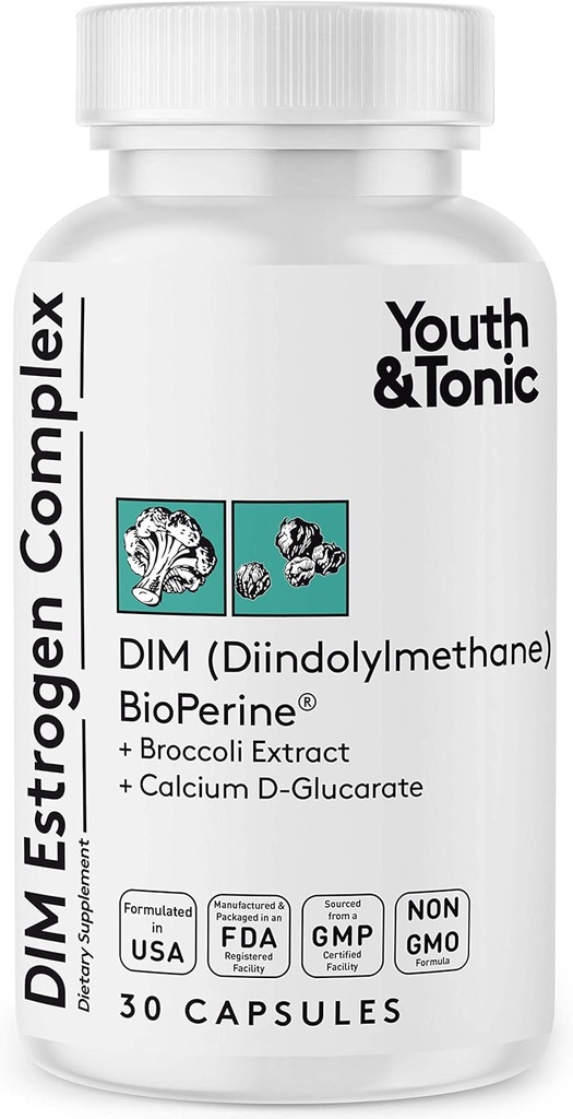 Jugend & Tonic DIM BioPerine für Estrogen Metabolismus Unterstützung | Frauen und Männer Hormon Balance mit überschüssigem Estrogen Blocker | Diindolylmethan Supplement - 30 Pillen