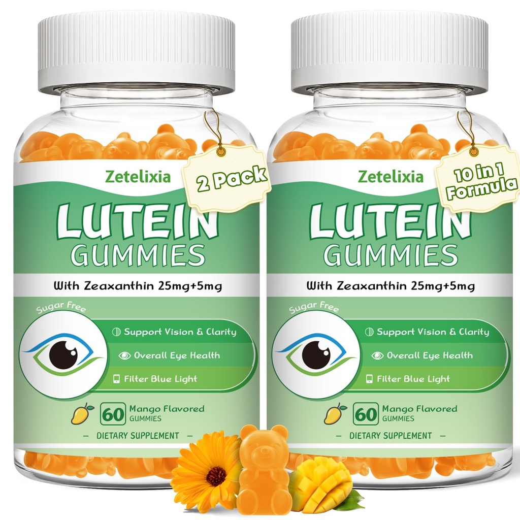 2 Pack Lutein Gummies 25mg, Lutein sans sucre Zeaxanthin Suppléments Gummies, Supplément santé des yeux pour les adultes, Vitamines oculaires Lutein pour la vision et la protection de la lumière bleue, Mango Flavor, 120 Compte