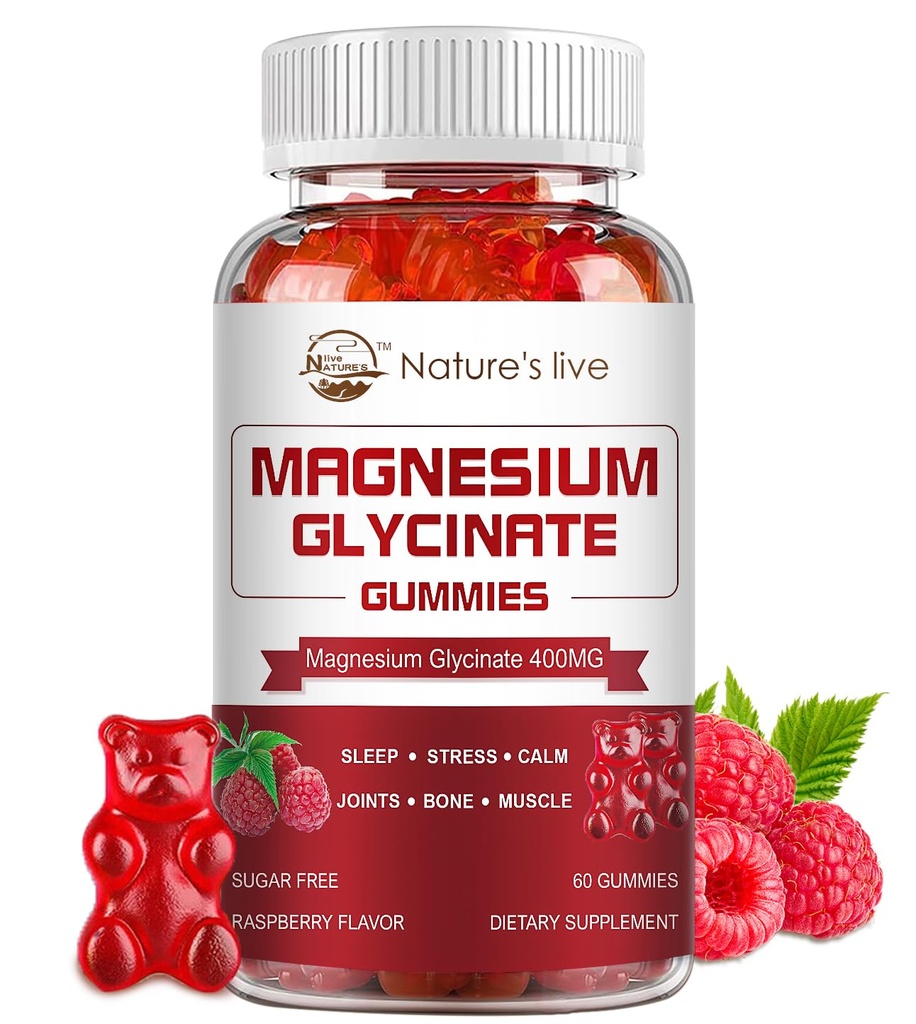 Magnesium Glycinat-Gummien, Zuckerfreie Magnesium-Ergänzung mit Magnesium Glycinat 400mg, Magnesium L-Threonate 200mg für ruhige Stimmung, Muskel, Knochen & Schlaf für Erwachsene, 60 Himbeer-Gummien