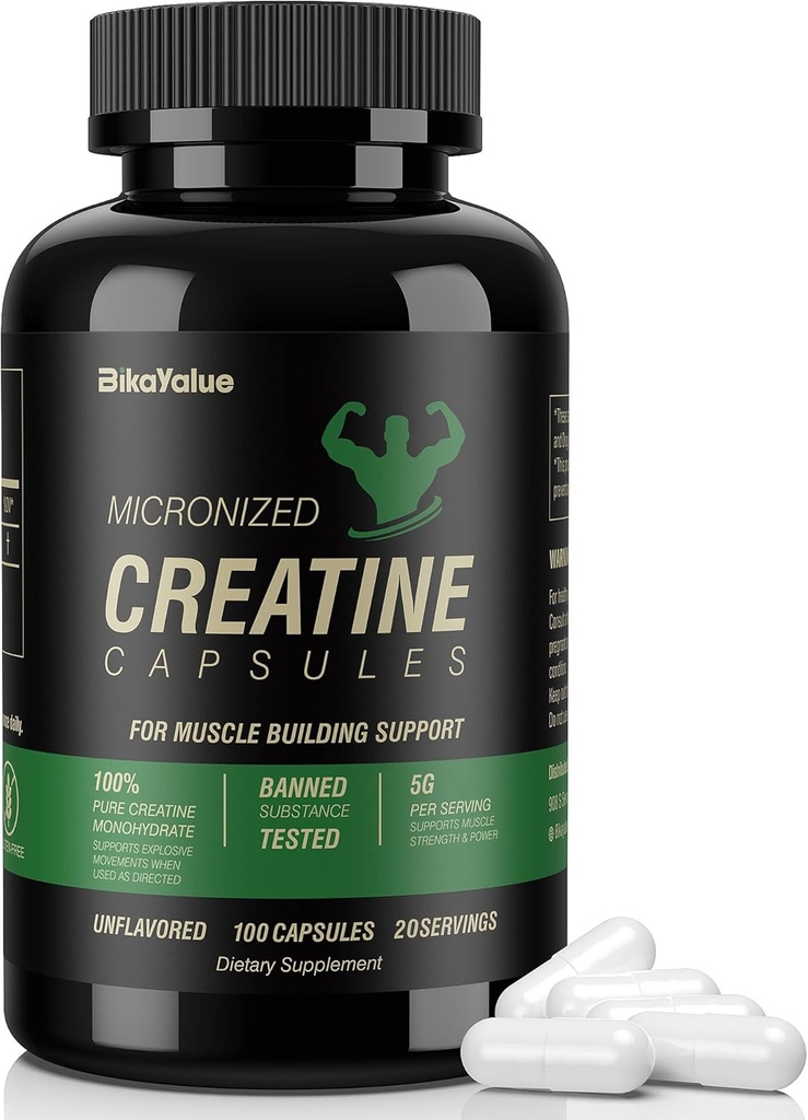 Micronised Creatine Capsules monohydratées, supplément de créatine pour le muscle, la force, la performance, l'énergie, la récupération, la créatine sans gluten pour les femmes et les hommes, 100Capsules (20 portions)