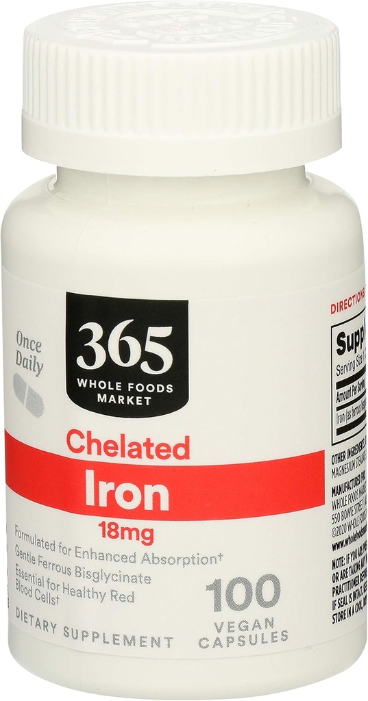 365 von Whole Foods Market, Eisen Chelat 18Mg, 100 Veg Kapseln (Pack von 2)
