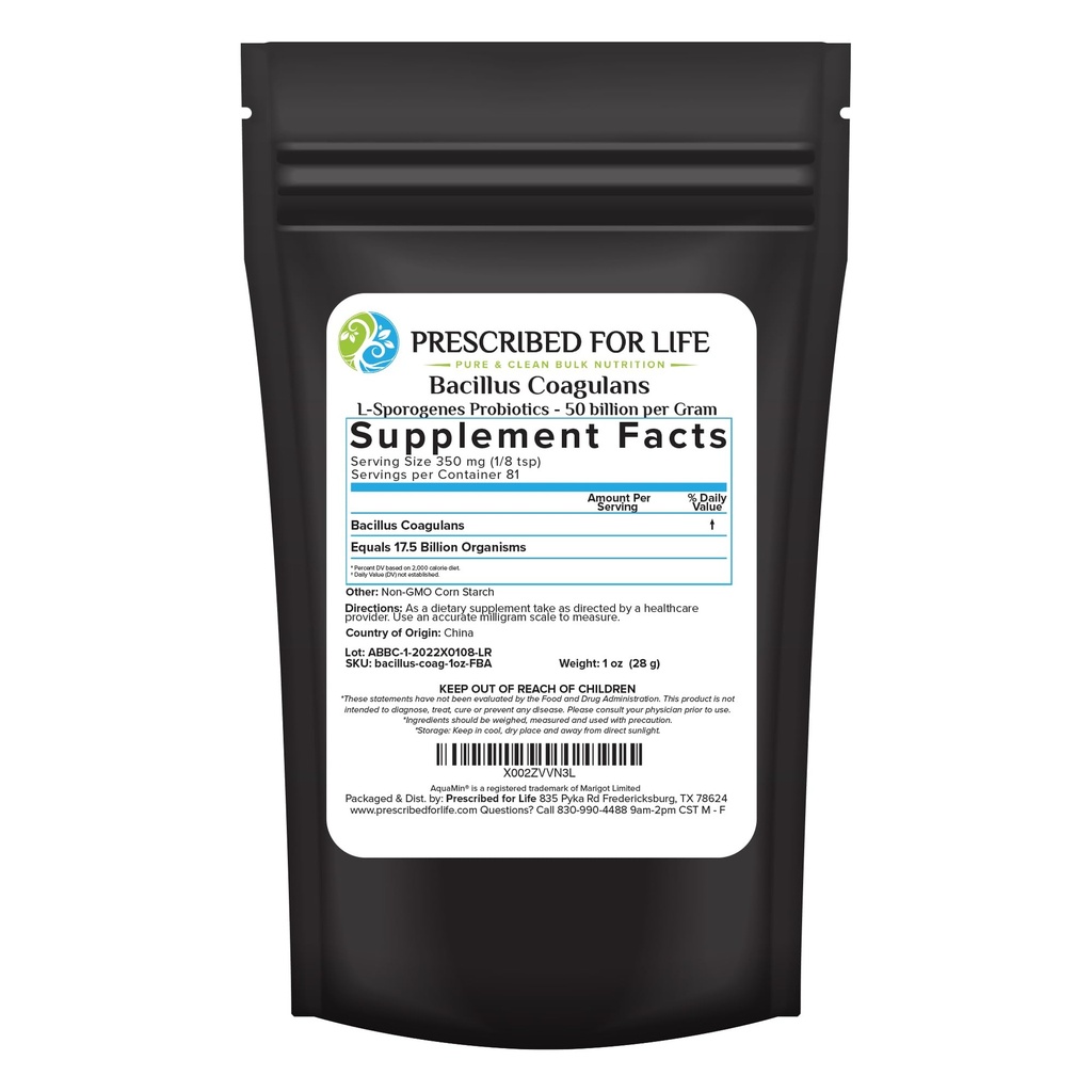 Prescripted For Life Bacillus Coagulans Poudre, Lactobacillus Supplément pour Gut Health Support, Température et Étagère Probiotiques stables, L. Sporogenes (50 Million/Gram) (1oz / 28g)