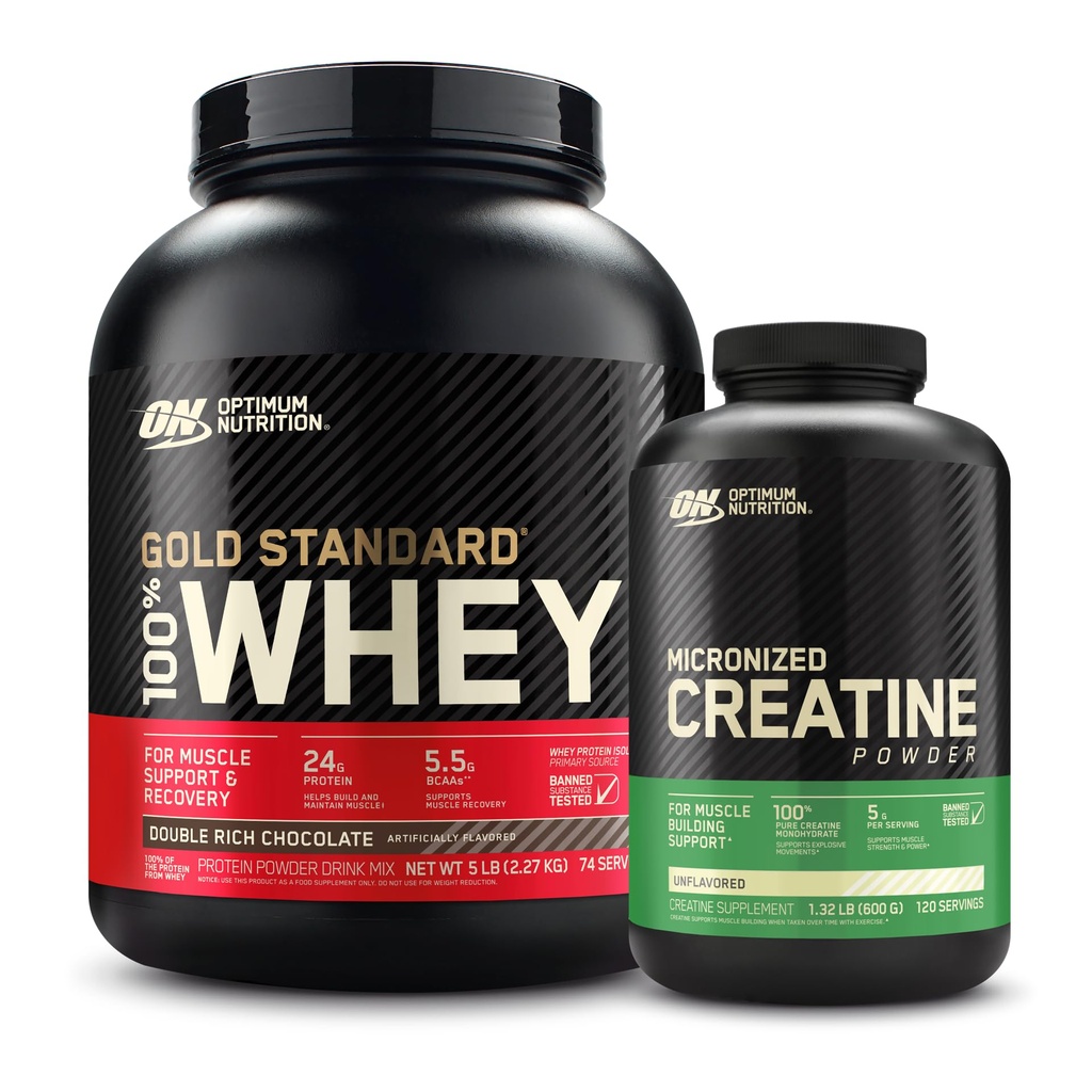 Optimum Nutrition 100% Or Standard Whey Protéine Poudre: Chocolat double riche (5 livres) avec poudre monohydratée micronisée de créatine, non aromatisée (120 portions) - Pack de paquets