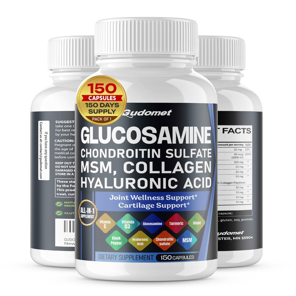 Glucosamin Chondroitinsulfat Methylsulfonylmethan Hyaluronsäure Turmeric Ginger Vitamin C, D3, Black Pepper -150 Kapseln- Made in USA