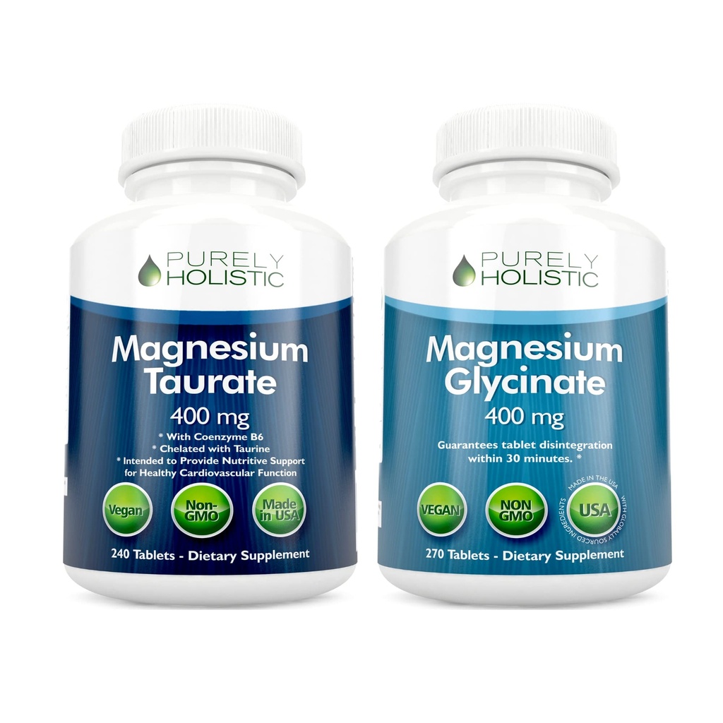 Magnesium Taurate 400mg + Magnesium Glycinat 400mg - Hohe Absorption und hochverfügbar - Vegan Bundle - 270 + 270 Tabletten