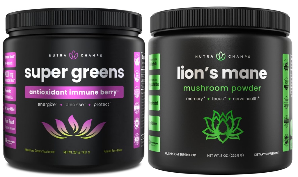 NutraChamps Super Verts Antioxydant & Poudre de Lion. Soutien digestif, immunitaire et adaptogène