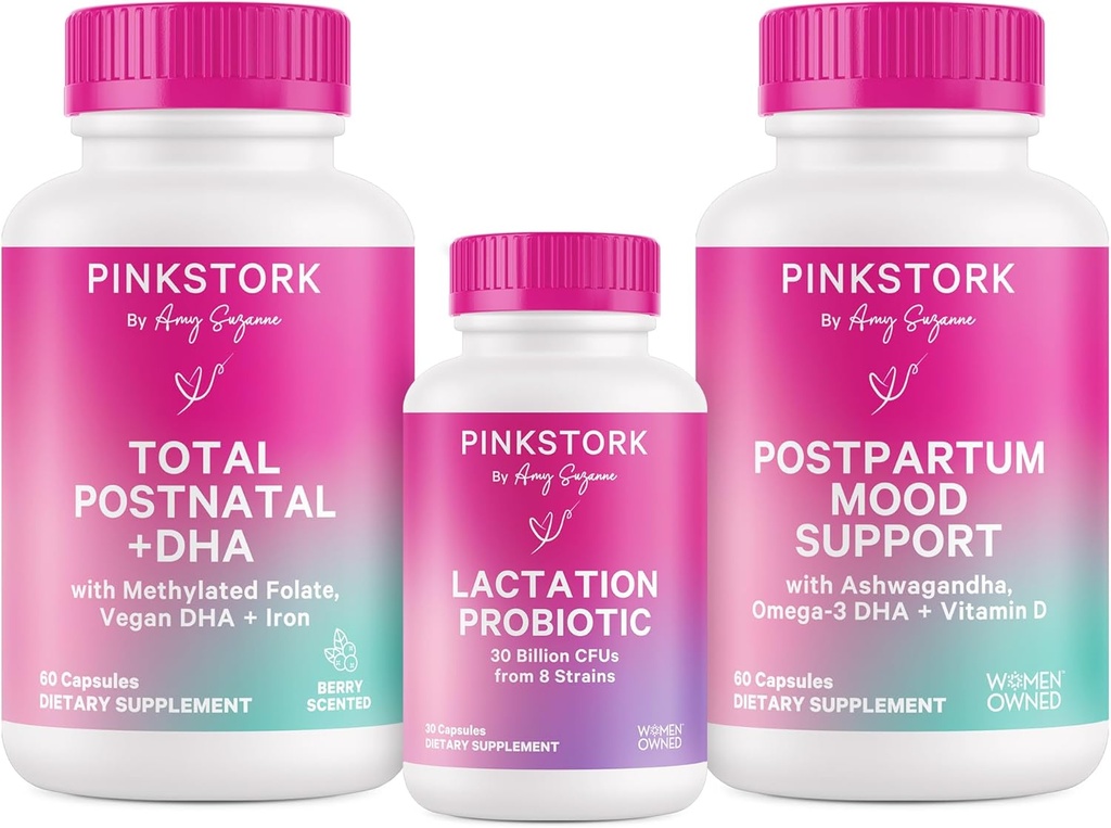 Pink Stork Neue Mutter Notwendigkeiten Bundle: postnatales Vitamin mit DHA und Folsäure, Lactation Probiotikum für Brustmilchversorgung + Immununterstützung, Postpartum Mood + Hormonunterstützung, Postpartum Essentials