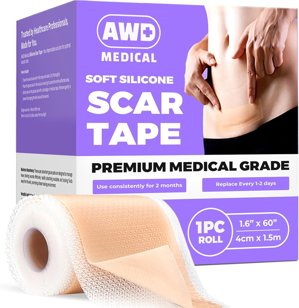 AWD Silikon Narben für chirurgische Narben - Nahtlose medizinische Grade Silikon Narbenband für C Abschnitt, Tummy Tuck Tape - Silikon Haut Patches nach Chirurgie Must Haves (1.6" x 60" Nahtlose Rolle)