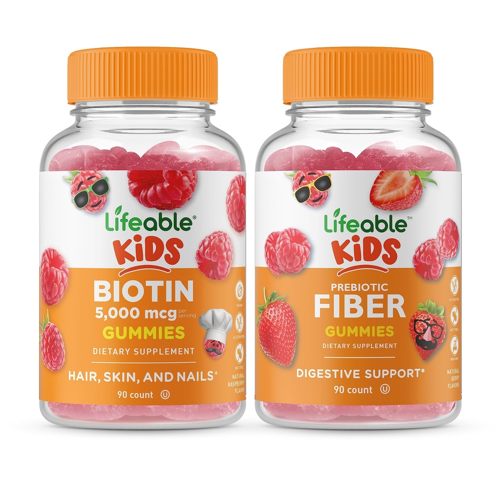 Lifeable Biotin Kids + Prebiotic Fiber Kids, Gummis Bundle - Große Verkostung, Vitamin Supplement, Glutenfrei, GMO frei, Kaugummi