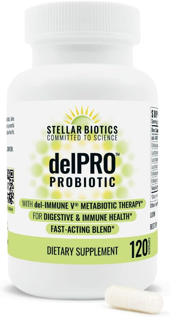 Del-Immune V® + Delpro Probiotic & Prebiotic Blend by Stellar Biotics - Fördert Optimal Gut Gesundheit, Verdauung, Immununterstützung & Stimmung (120 Kapseln)