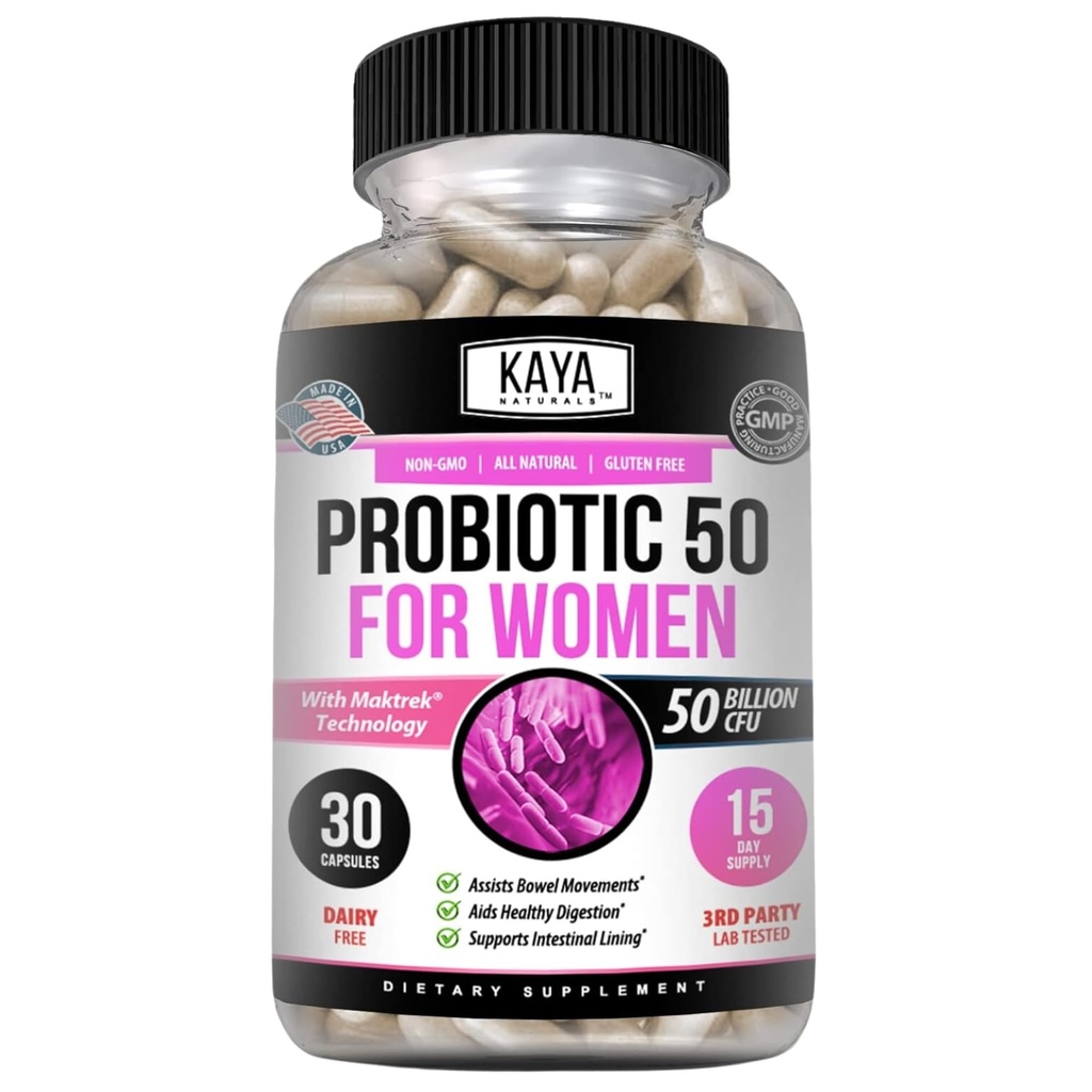 Kaya Naturals Probiotic 50 milliards CFU - Probiotiques pour les femmes, probiotiques pour les hommes et les adultes, naturel - Gut Health & Immune Support Supplément - Fournit un soutien digestif - 30 capsules végétales