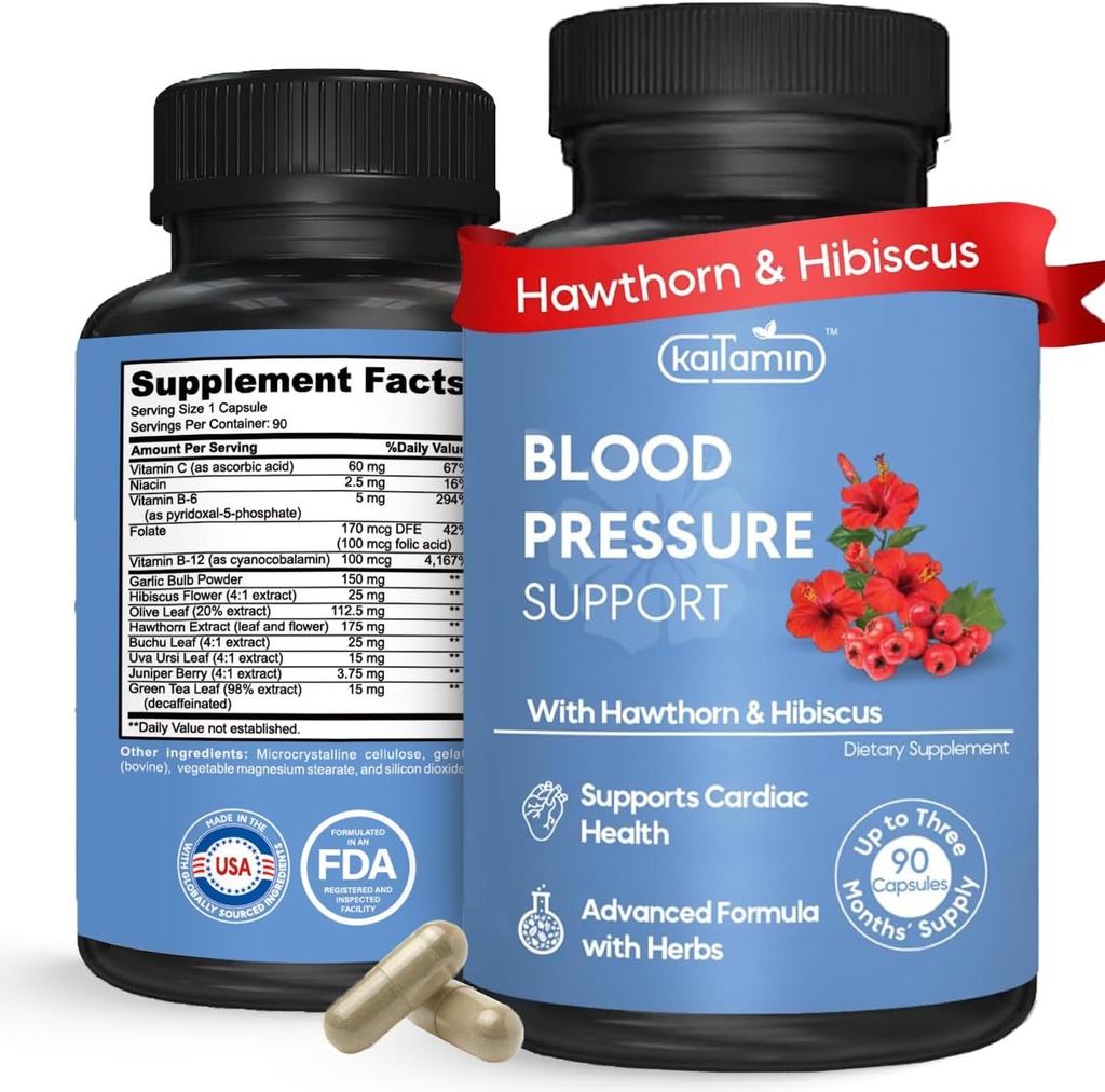Supplément de soutien de la pression artérielle – Hawthorn naturel, Hibiscus, Ail & Olive Leaf – Heart Health & Circulation Support – B12, B6 – Vegan, Non-OGM – 90 capsules (3-Mois)