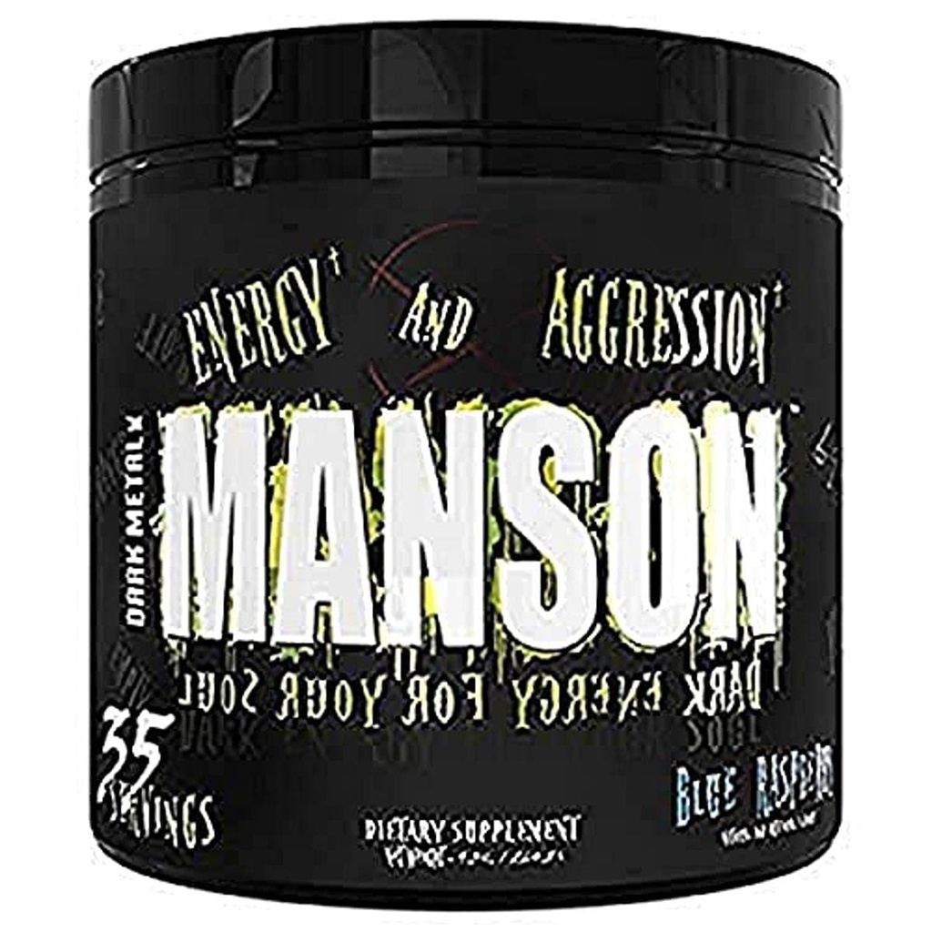 DARK METAL Inc. Poudre de pré-entraînement Manson Stim High Stim, énergie concentrée, chargée avec Beta Alanine L-Carnitine Caféine Infinergy, 35 Srvgs, Blue Raspberry