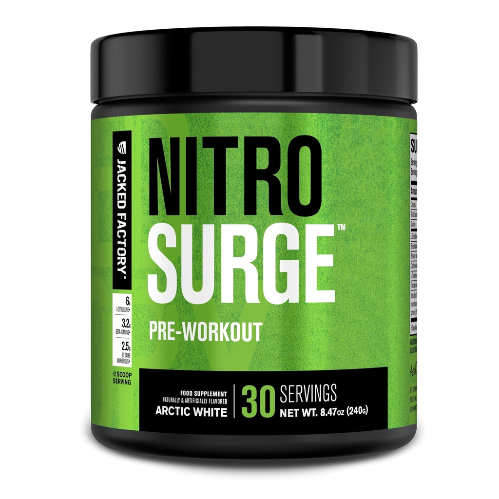 Jacked Factory NITROSURGE Pre Workout Supplement - Endless Energy, Instant Strength Gains, Clear Focus, Intensivpumpen - NO Booster & Powerful Preworkout Energy Powder - 30 Portionen, Arctic White