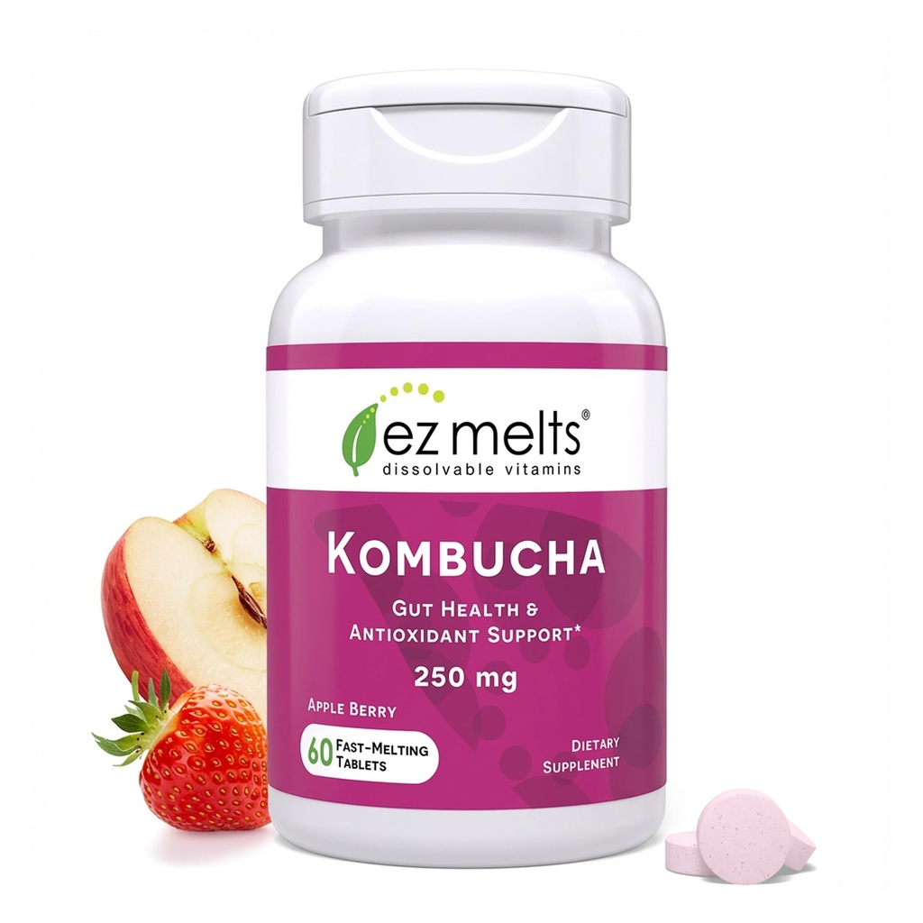 EZ Melts Dissolvable Sugar-Free Kombucha Tablets mit SCOBY & Apple Cider Essig, Gut Health Supplements für Männer und Frauen, Apfelbeeren Flavor, 2-Monat-Versorgung - 1 Pack