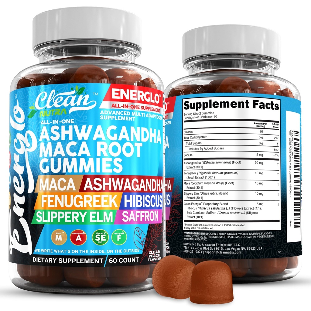 Ashwagandha Maca Root Gummis mit Fenugreek Hibiscus Slippery Elm Saffron Extract & Beta Carotene | Peach Flavor Vegan Gummy Vitamins Adaptogen Cortisol Supplement Energlo von Clean Nutra