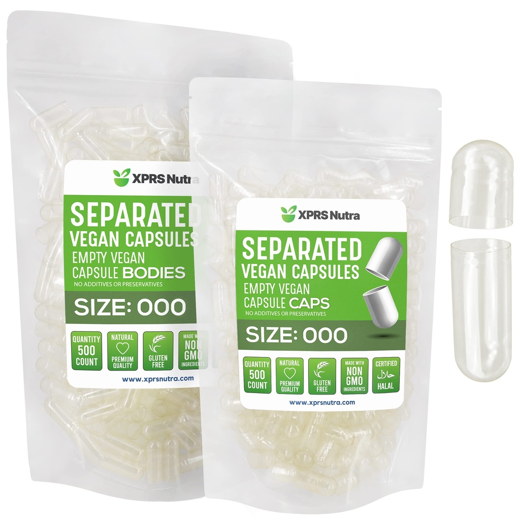 XPRS Nutra Vegan Taille 000 Capsules séparées- 500 Compte Caps vides Premium Séparés dans des sacs - Effacer Capsules vides - 000 pilules pour le remplissage de supplément de bricolage