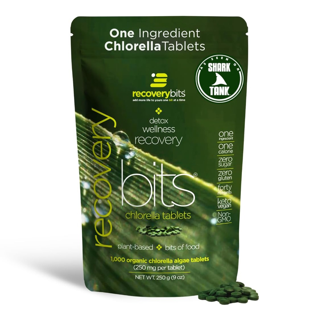 RECOVERYbits - Organische Chlorella Tabletten - Pflanzenbasierte Algae Superfood - Chlorophyll - Cracked Cell Wall - Energie - Immunsystem - Detox - Keto - Vegan - Non-GMO - Große Tasche - 1000 Tabletten