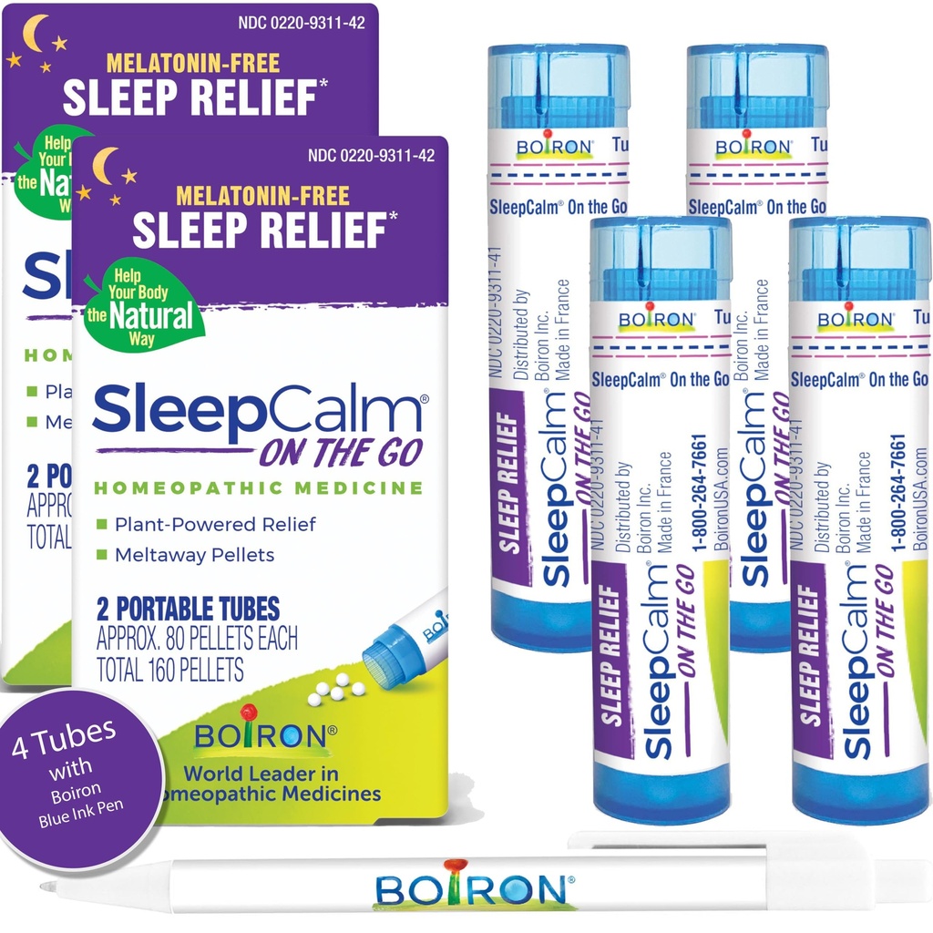 Boiron SleepCalm On The Go Sleep Aid for Deep, Relaxing, Restful Nighttime Sleep - Melatonin-Free und Non Habit-Forming - 80 Count pro Tube - 4 Tubes mit Blue Pen