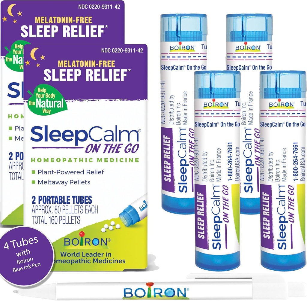 Boiron SleepCalm on the Go Sleep Aid pour sommeil de nuit profond, relaxant, reposant - sans mélatonine et sans habitude - 80 Compte par tube - 4 tubes avec stylo bleu