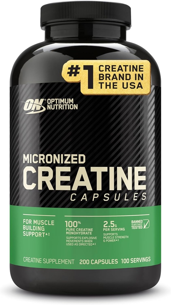 Optimum Nutrition Micronized Creatine Monohydratkapseln, Keto Friendly, 2500mg, 200 Kapseln (Packaging May Vary)