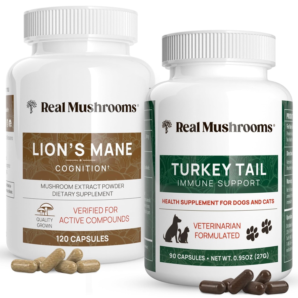 Real Mushrooms Lions Mane for Humans (120ct) & Turkey Tail for Pets (90ct) - Bundle for Cognition and Immunity - Vegan, Non-GMO, Grain-Free, Gluten-Free Pilzextrakt Kapseln