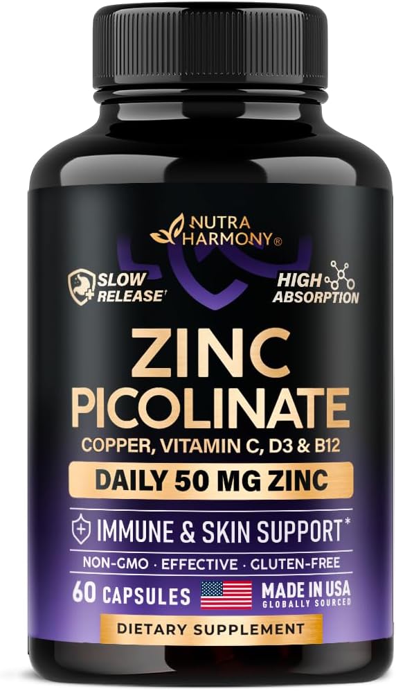 Zink Picolinat 50mg - Zinkergänzung mit Kupfer, Vitamin D3 & B12 - Stomach Friendly | Slow Release - Immununterstützung & Hautgesundheit - Hohe Absorption mit BioPerine & Vitamin C - 60 Kapseln