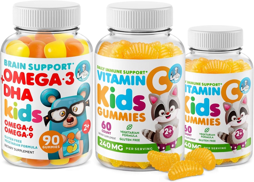 Omega-3 DHA Gummi & Vitamin C Gummi für Kinder & Erwachsene – Immununterstützung, Low-Sugar, Gelatin-Free, Vegetarisch, Kaubare Vitamine für Kleinkinder