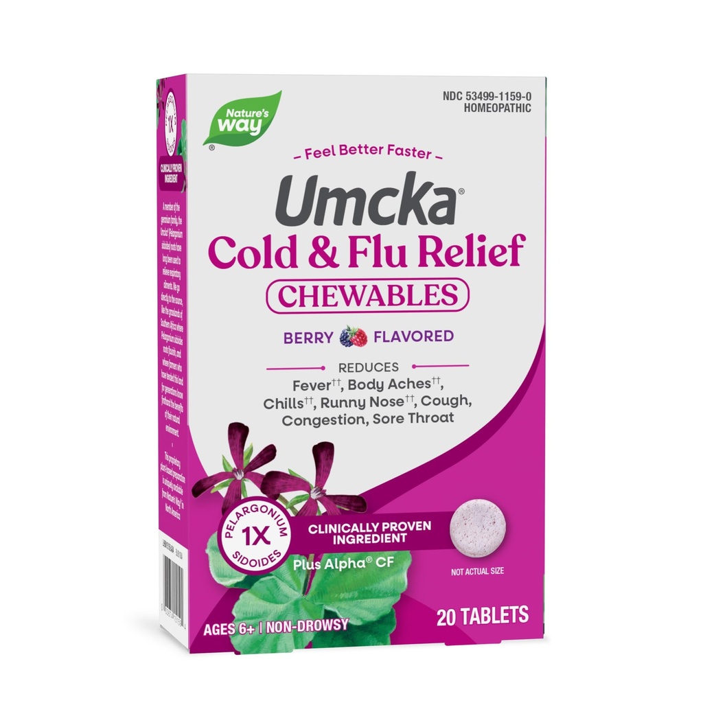 Nature's Way Cold+Flu Relief, Umcka, verkürzt Dauer und reduziert Schwere, Multi-Symptom Relief, Homöopathic, Phenylephrine Free, Non-Drowsy, Berry Flavored, 20 Kautabletten (Packaging May Vary)
