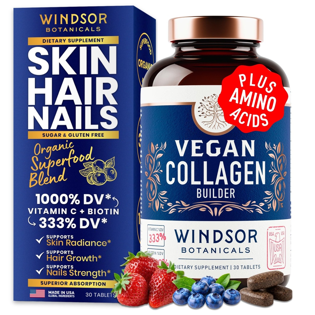 Collagène végétalien pour les femmes et les hommes suppléments - vitamine C, biotine, acides aminés Glycine, Lysine, Proline, poudre de fruits et légumes biologiques - une fois par jour - 30 comprimés de collagène à base de plantes