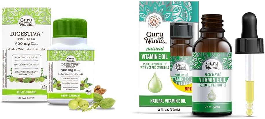 GuruNanda Digestiva Triphala (240 Tablets) & Vitamin E Oil (2 Fl Oz) - Supports Digestion, Helps with Bloating & Constipation, Dietary Supplement with Amla, Haritaki & Bibhitaki