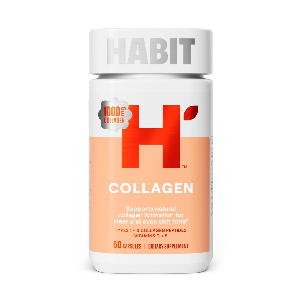 Supplément de collagène Habit (60 capsules) - Nouveau look, 2000mg Peptides de collagène, vitamine C et vitamine E, santé de la peau, antioxydants, non-OGM, sans gluten (1 emballage)